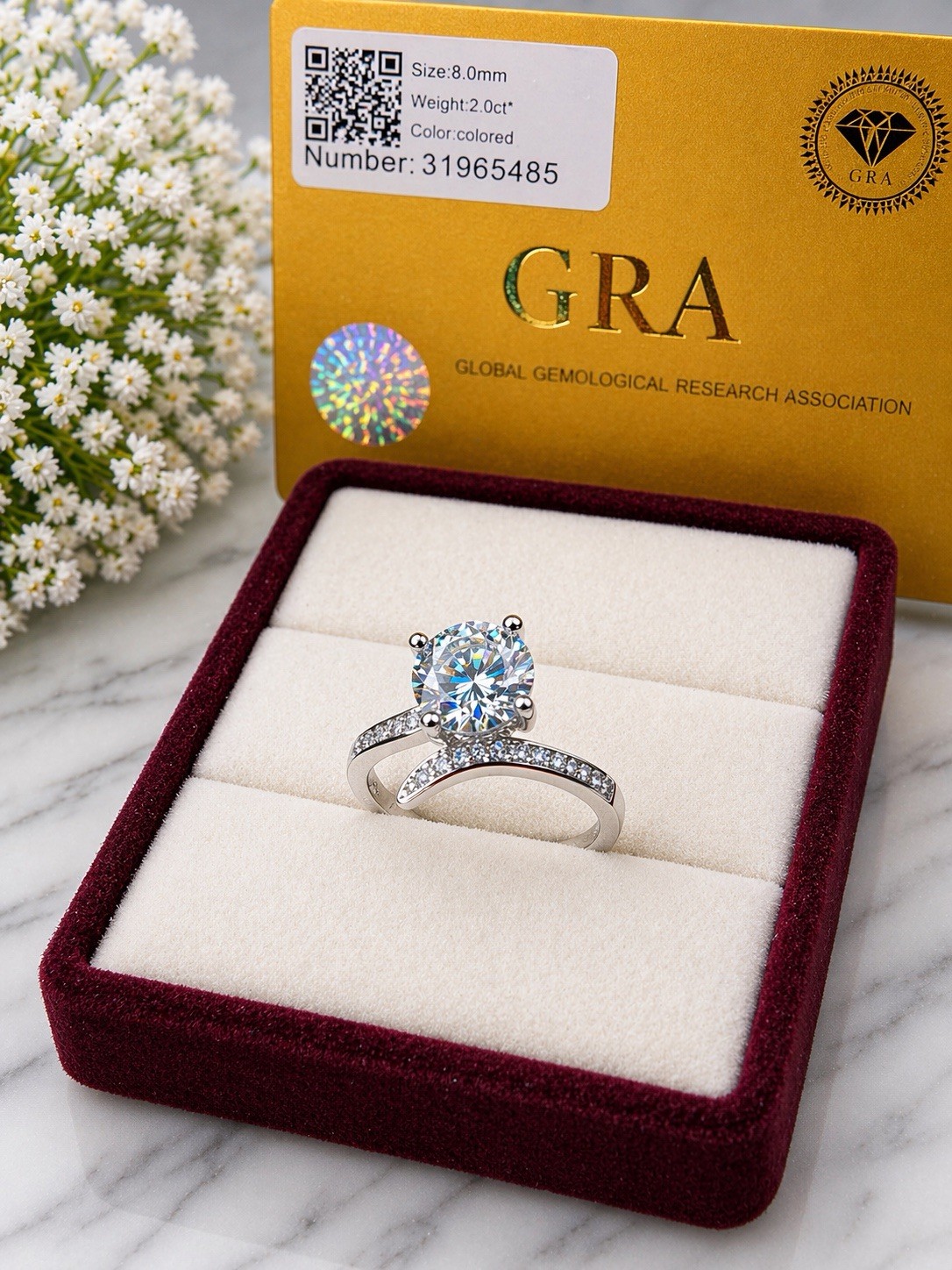 2ct Colored Moissanite Ring Adjustable Band 8mm Round Engagement Style w/ GRA
