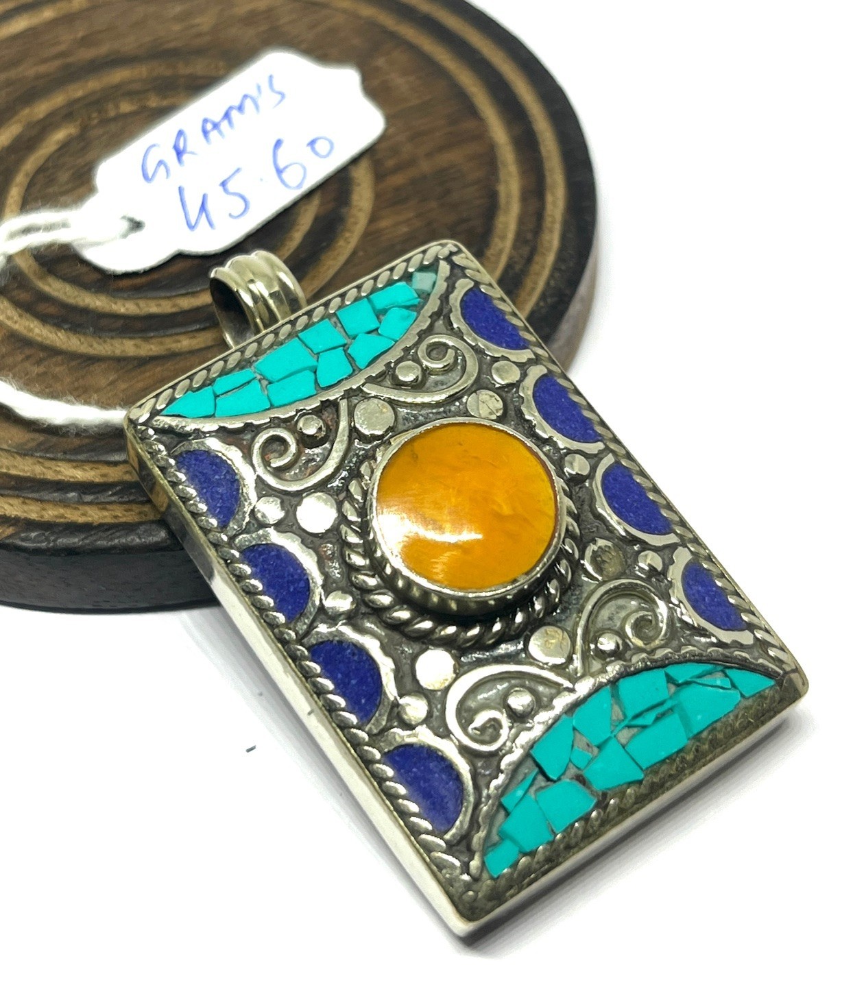 Turquoise Lapis Amber Gemstone Tibetan Statement Pendant Jewelry, 2.0 inch