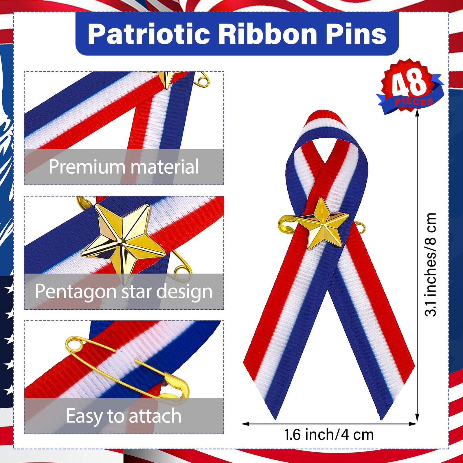 144 Pcs 4th of July Decorations Include Patriotic Ribbon Pins with Star Brace…