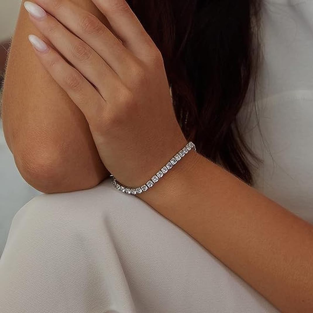 4mm Cubic Zirconia Tennis Bracelet Stainless Steel Silver Chain for women, 18…