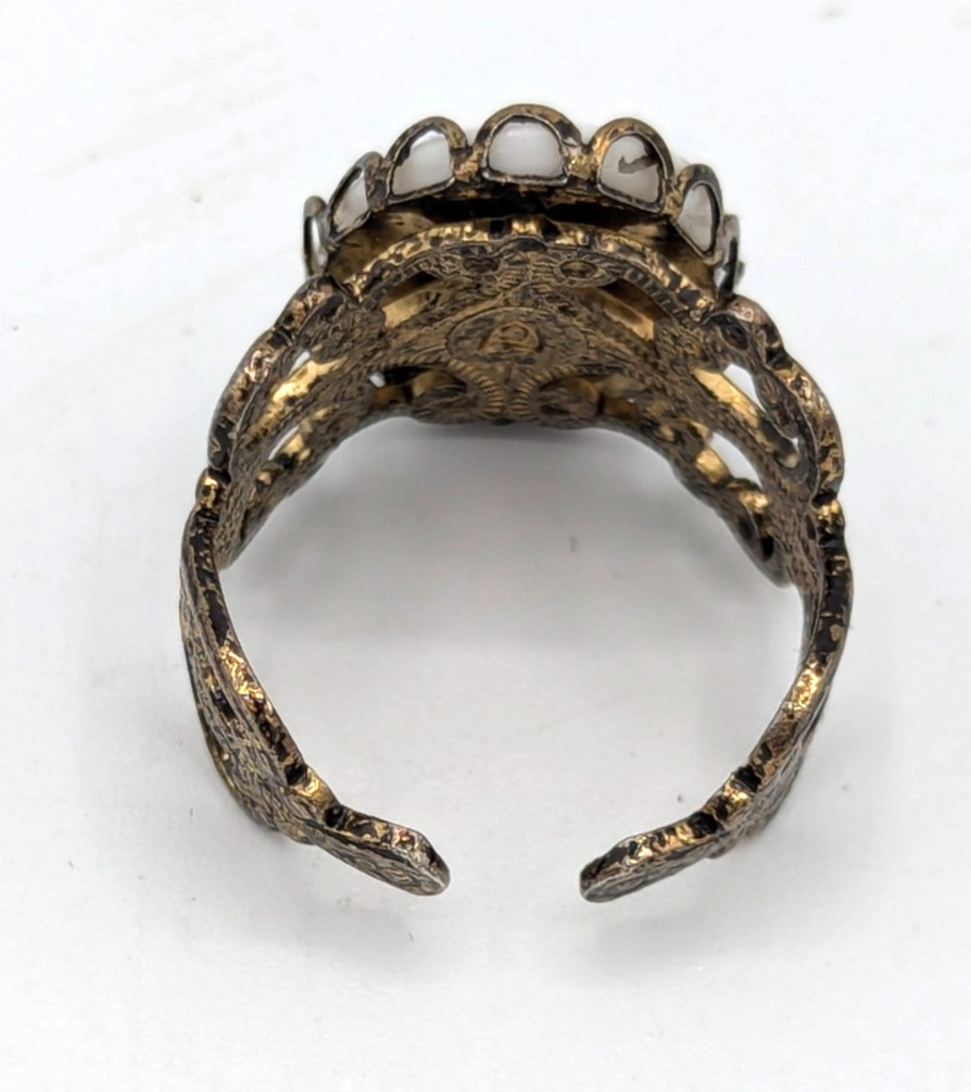 Pink Rose Filigree Ring Porcelain Antiqued Brass Romantic Shabby Chic Floral 7.5