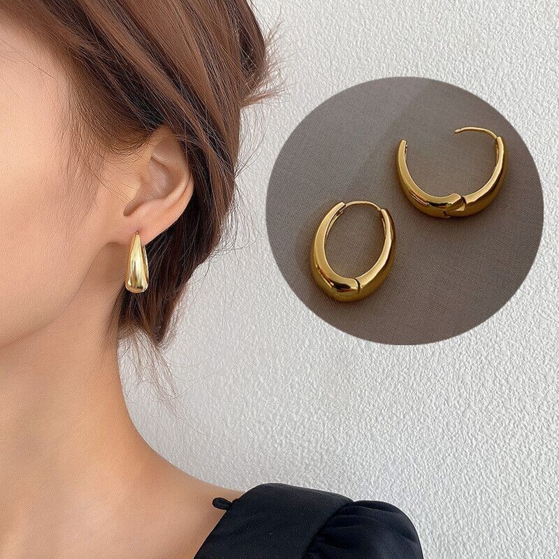 Fashion Woman Gold Plated Oval Hoop Earring Clip Huggie