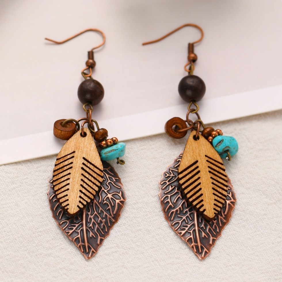 Boho Fashion Alloy Wood Turquoise Multi Combination Pendant PU Cord Necklace set