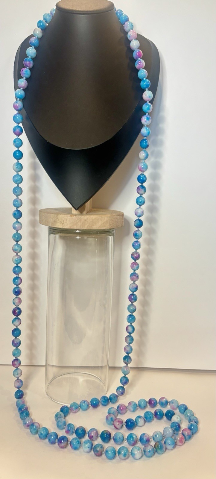 Flapper Necklace 72” Dyed Quartz 10mm Endless Opera Bead Blue Purple Knotted
