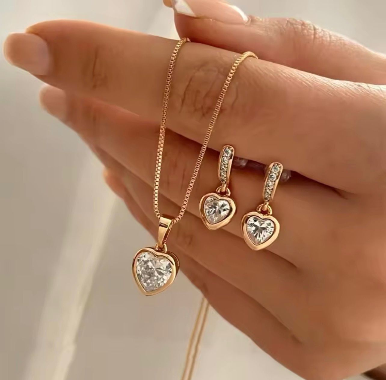 Gold Color Heart Jewelry Set Necklace And Earrings Elegant Matching Women Gift