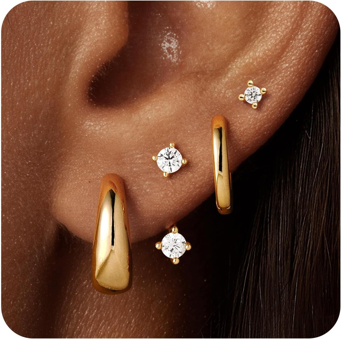 14K Gold Plated Hoop Earring Set, Hypoallergenic Flat Back Stud Earrings Stack S