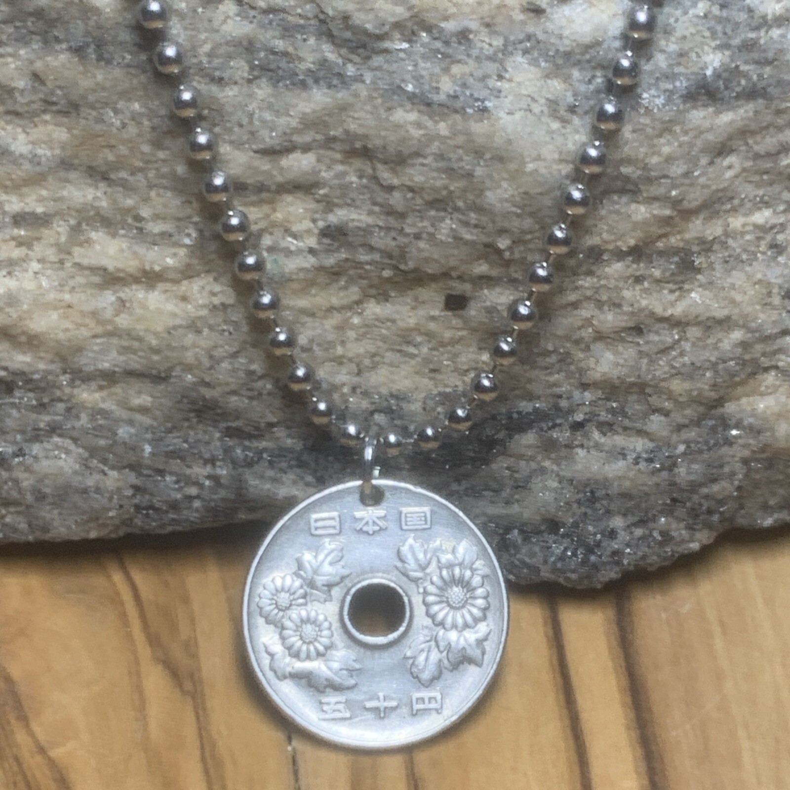 Japan 50 Yen Coin Pendant Chrysanthemum Flower Necklace Authentic Japanes