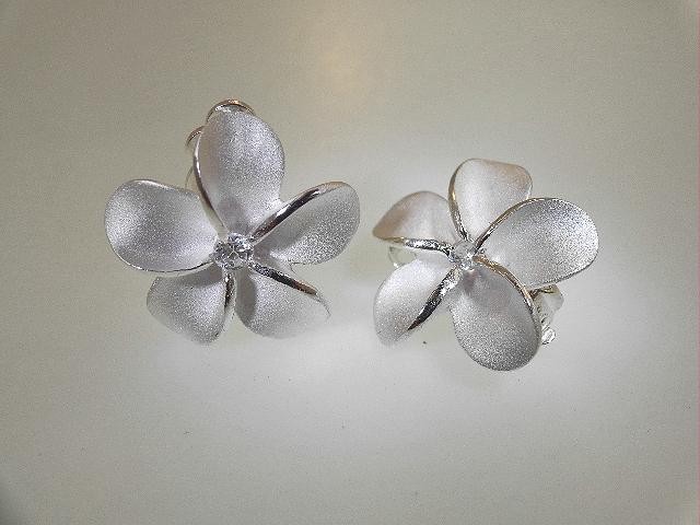 19mm Solid 925 Silver Hawaiian Matted Plumeria Flower White CZ Clip-on Earrings