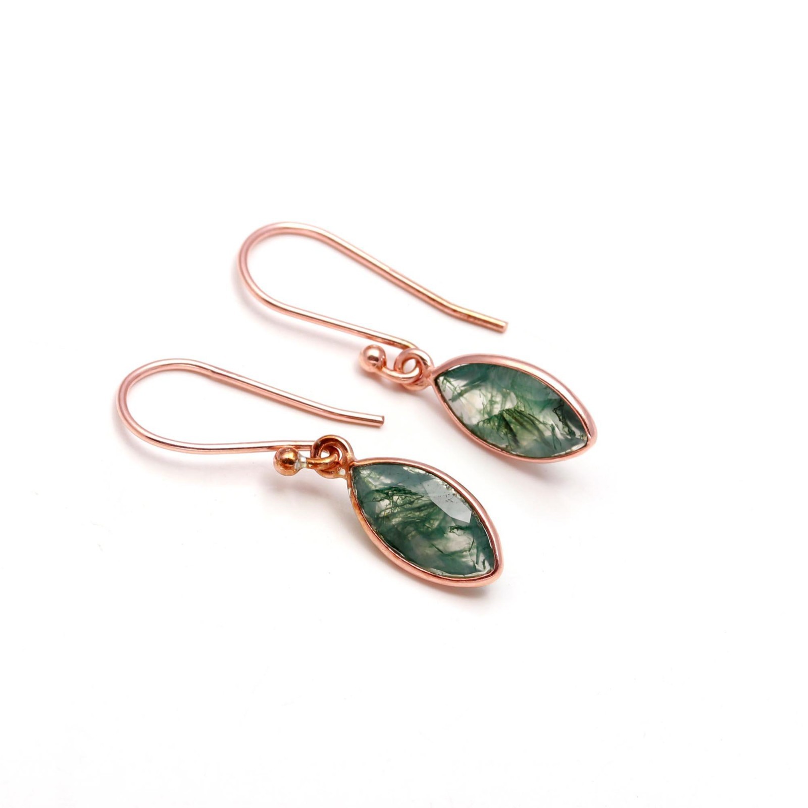 Natural Moss Agate Marquise Dangle Earrings Rose Gold Fill Solid Silver Jewelry
