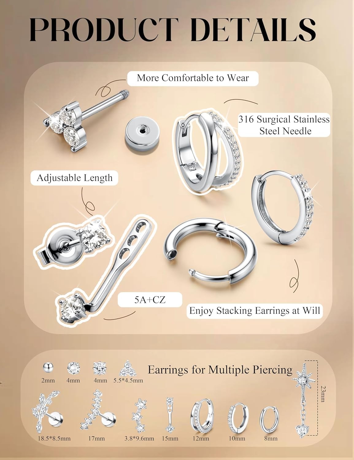 16G Cartilage Earrings for Women Silver Flat Back Earrings Hypoallerg