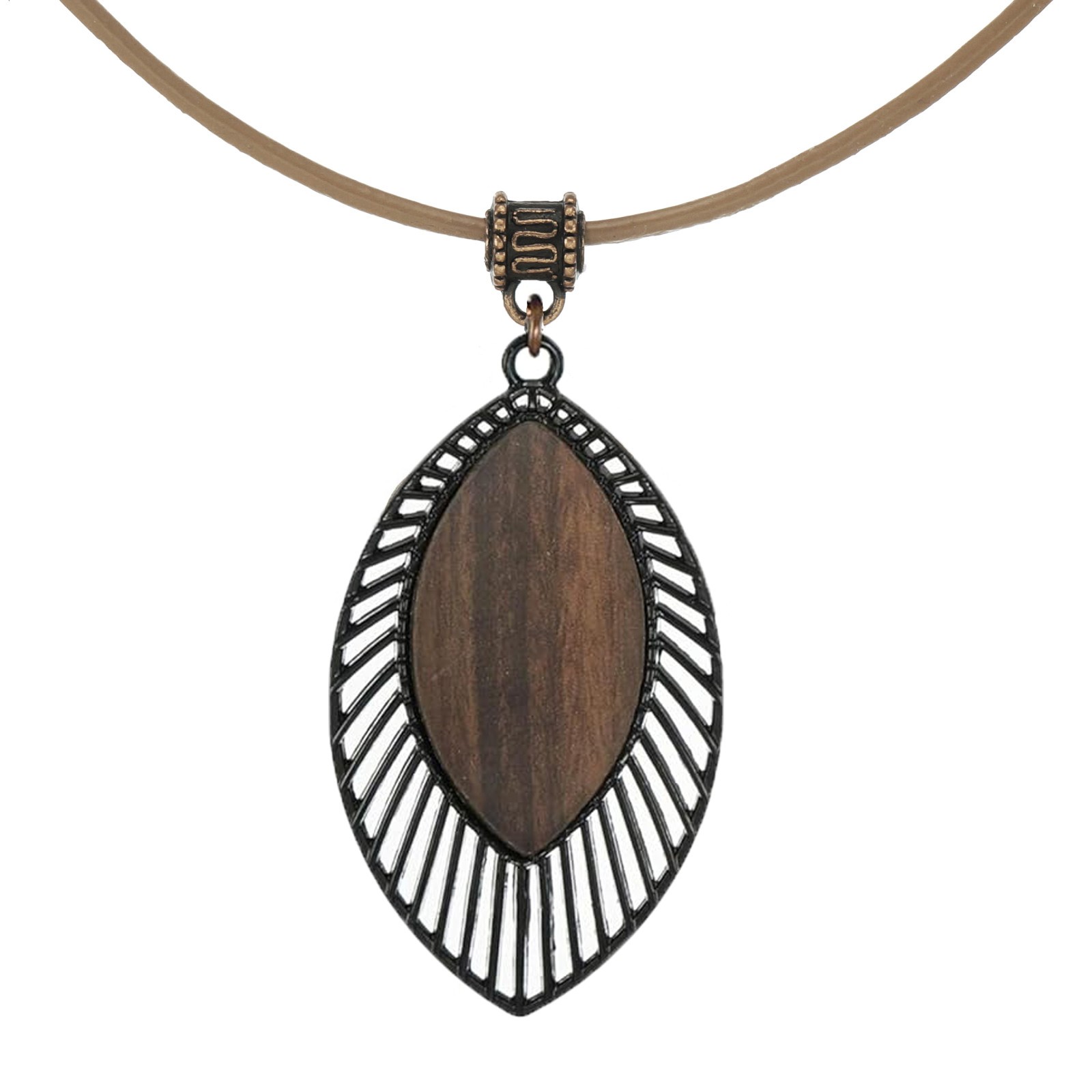 Black and Brown Wood Pendant Leather Cord Boho Necklace, Black or Tan Leather