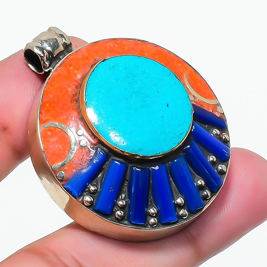 Turquoise Coral Lapis Lazuli Pendant Bahamas Tibetan Nepali Jewelry 1.7″ NP 2407