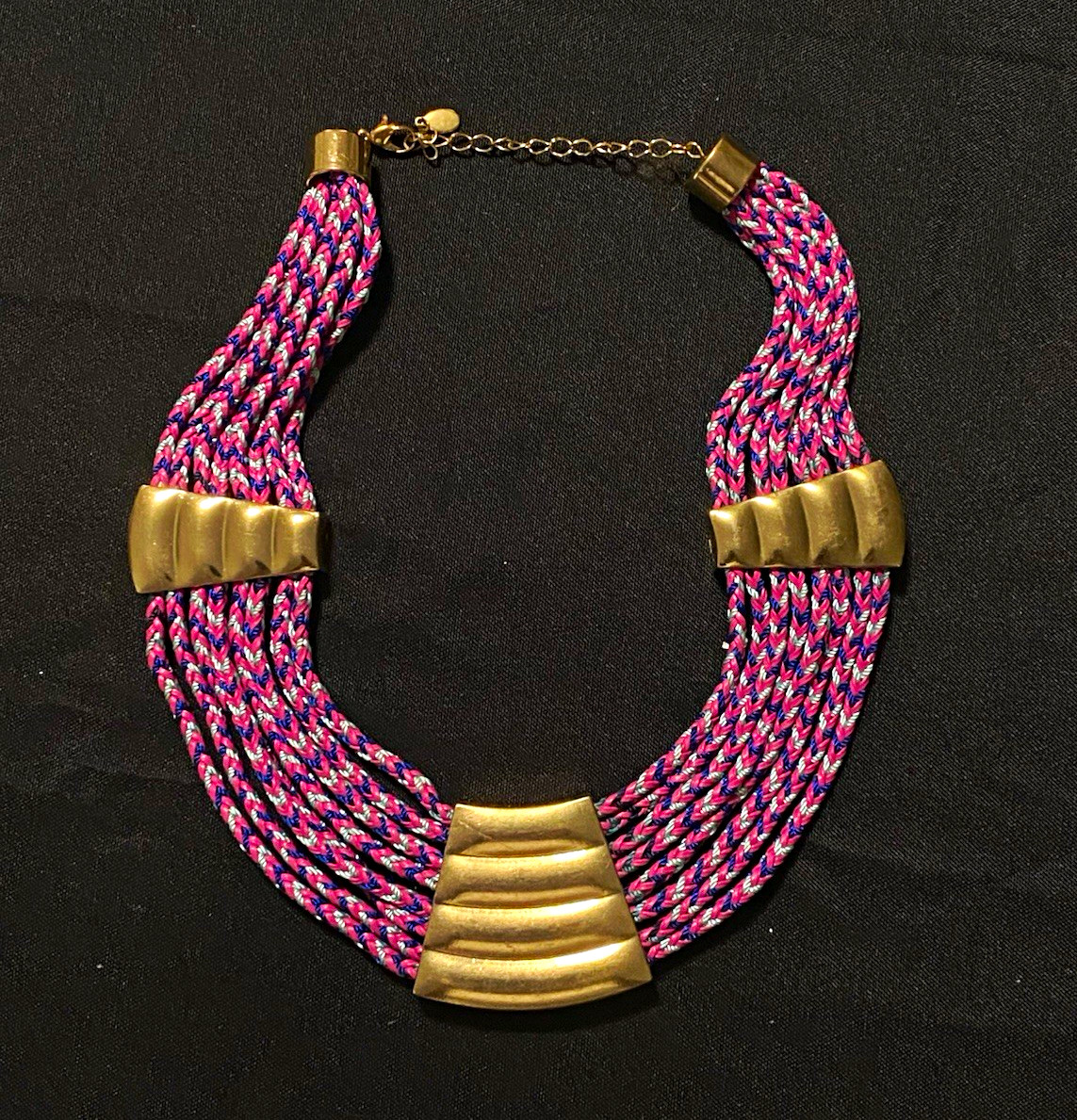 Purple Braided Cord Choker Necklace, Gold Tone Cable Chain, Lobster Clasp