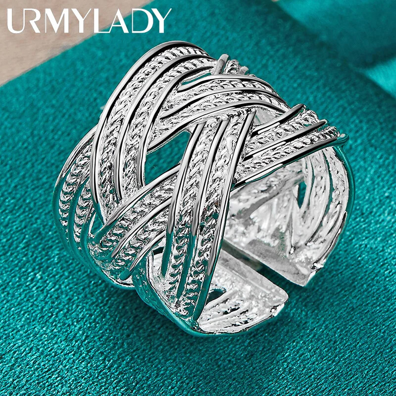 URMYLADY 925 Sterling Silver Woven Net Adjustable Ring Charm Fashion Jewelry