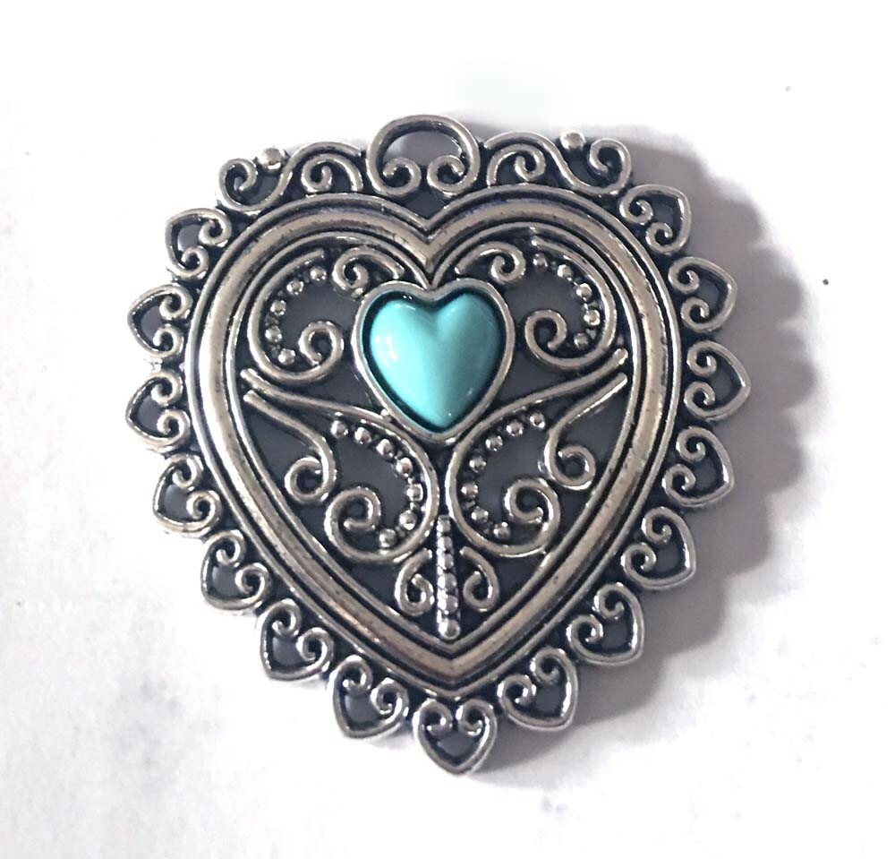 50x39mm Silver Pewter Blue Turquoise Glass Enamel Filigree Heart Pendant