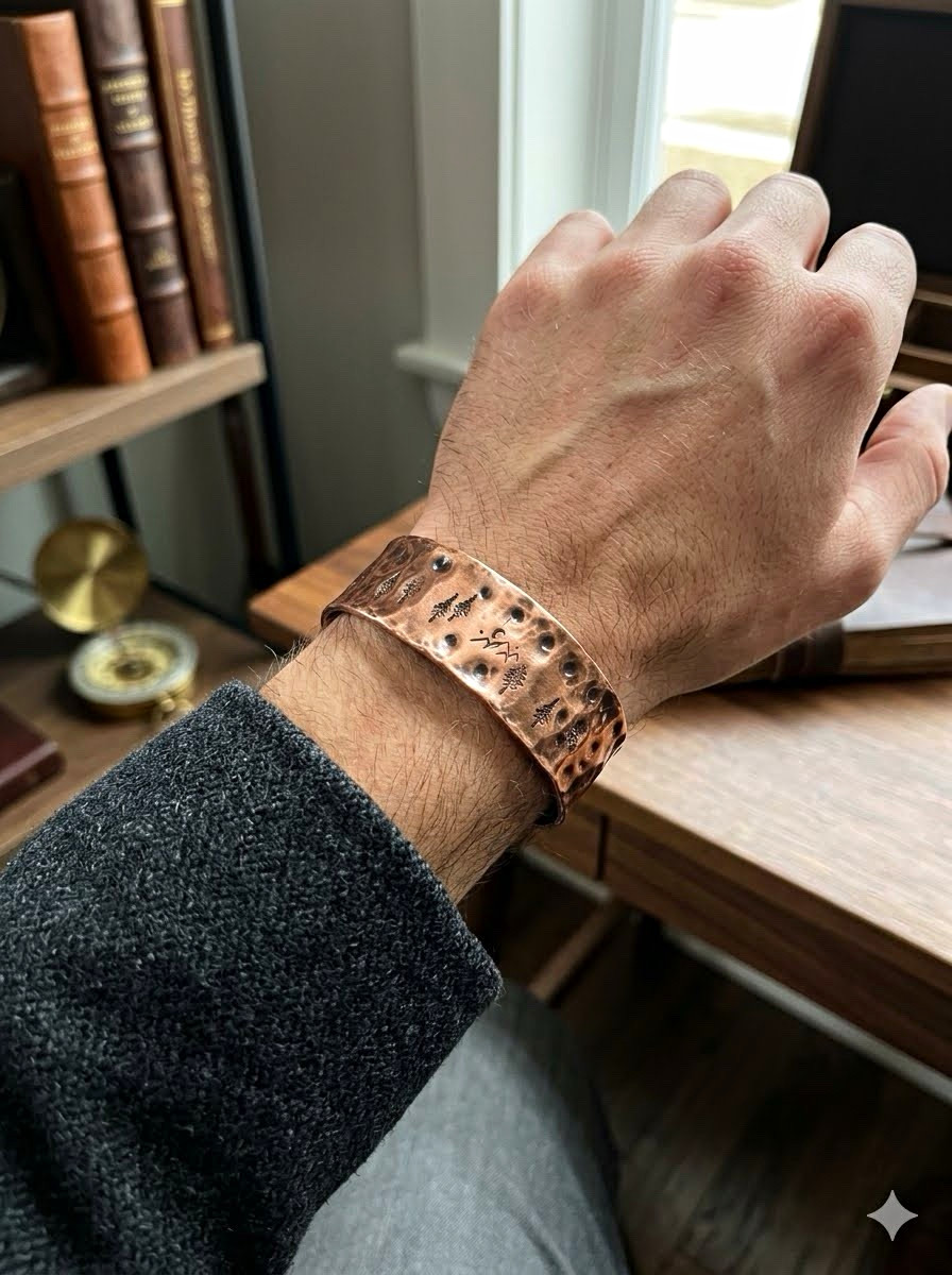 Wide hammered nature trees and mountains Copper Open Cuff Bracelet, Adjustable