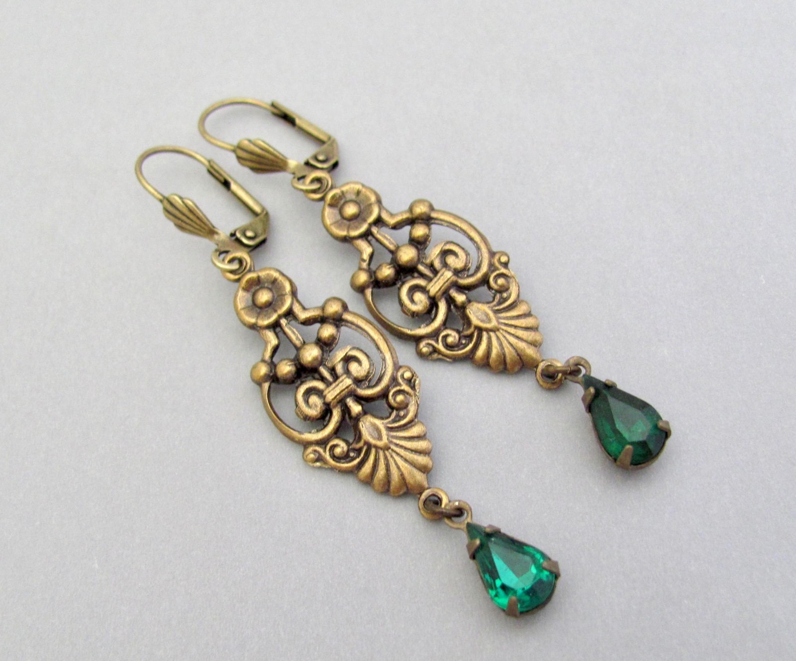 Art Deco Earrings Design Emerald Green Crystal Bohemian Antiqued Brass Long
