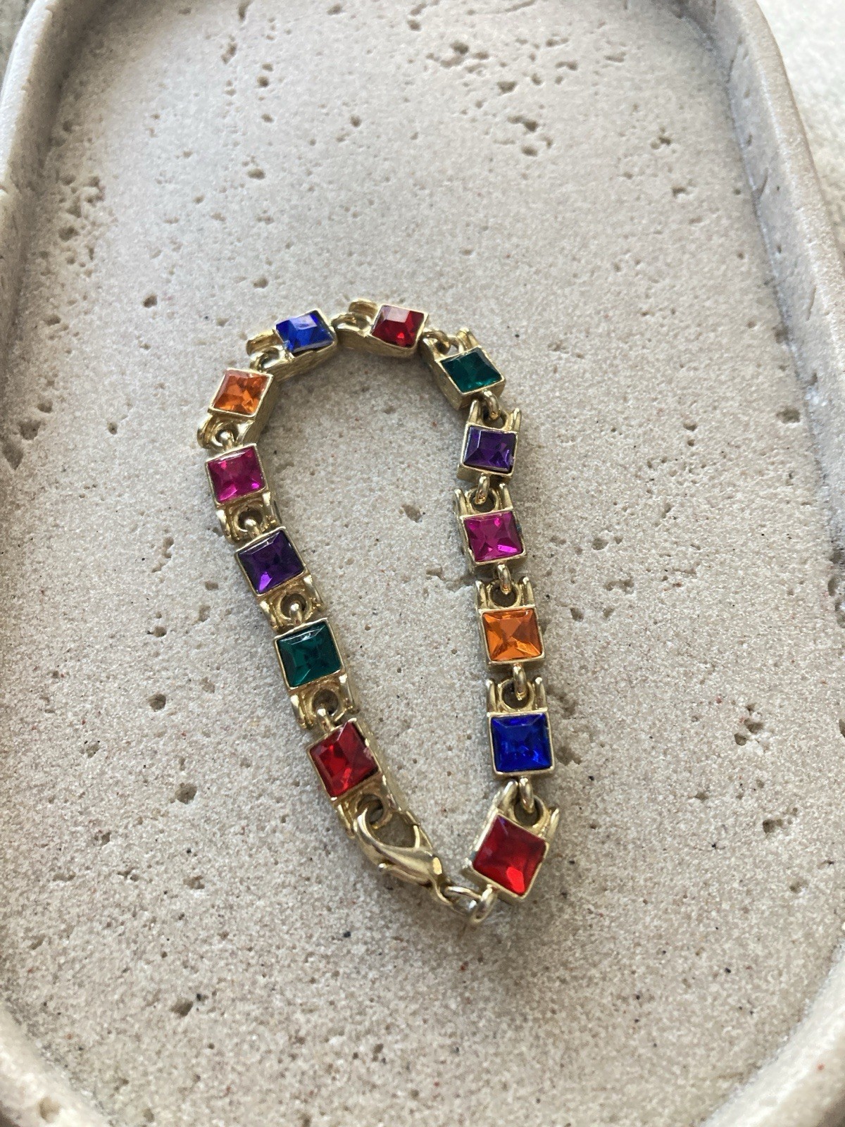 Multicolor Rhinestone Tennis Bracelet Gold Tone Square Link Bold Glam Couture