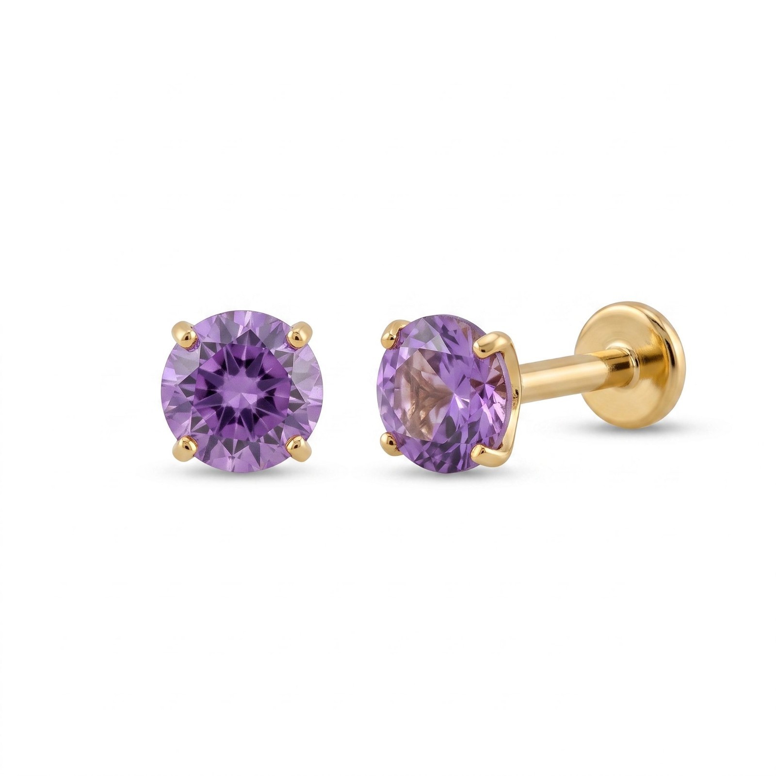 4mm Round Birthstone Flat Back Earrings 14K Gold Plated Titanium Labret 16G