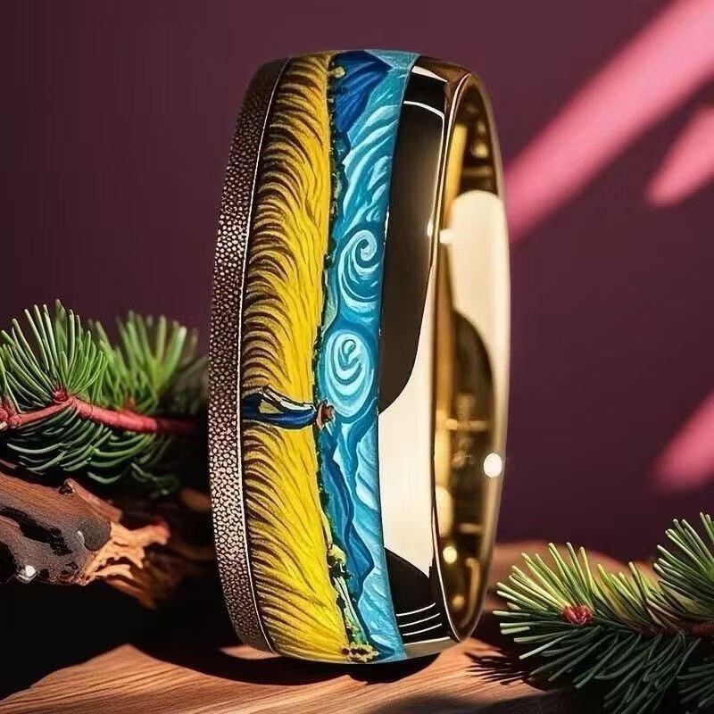 Art-Inspired Enamel Band Ring Gold （size 7/8/9/10/11）