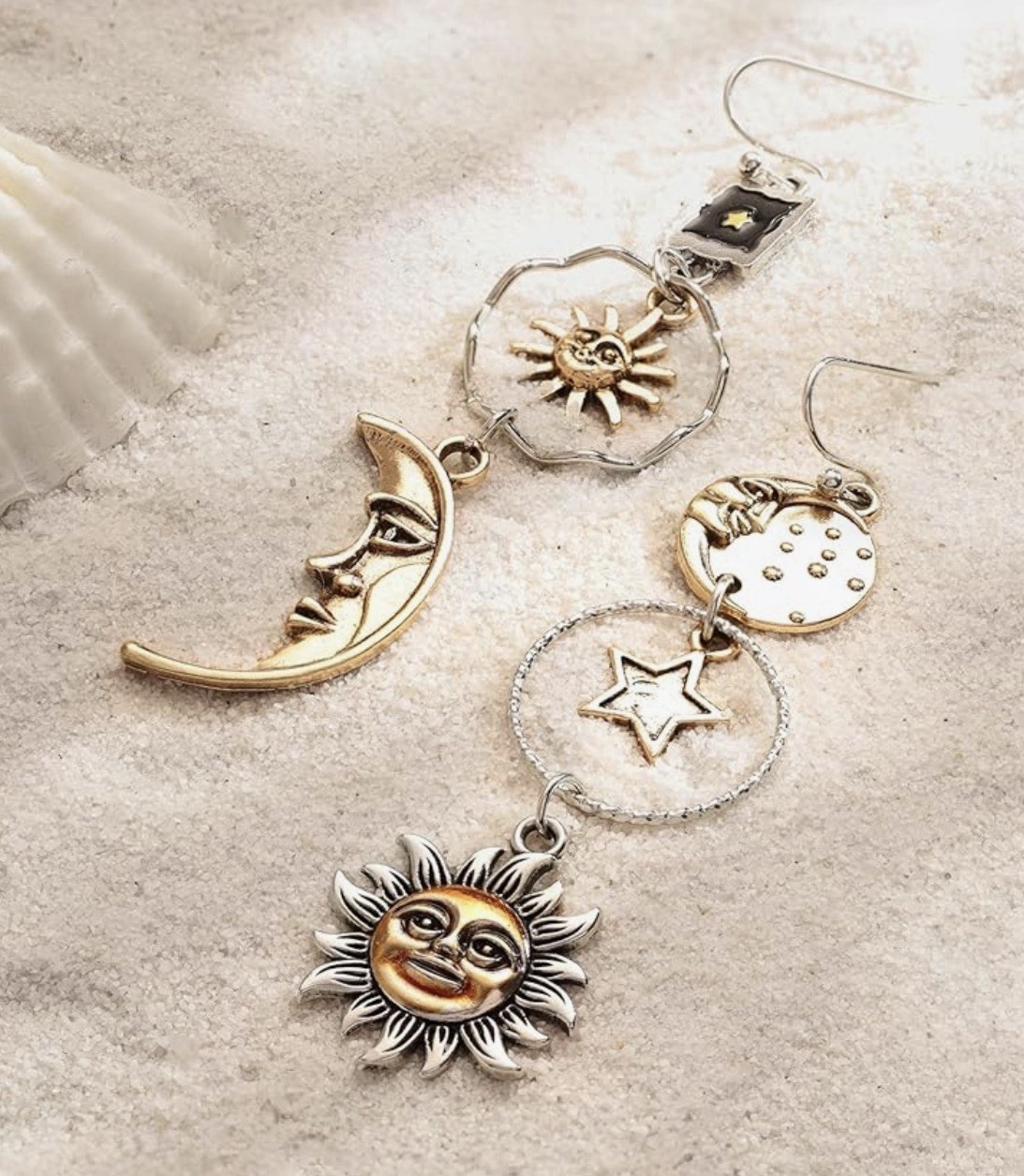Vintage Gothic Sun Moon Star Asymmetric Drop Greek Mythology Dangle Earrings