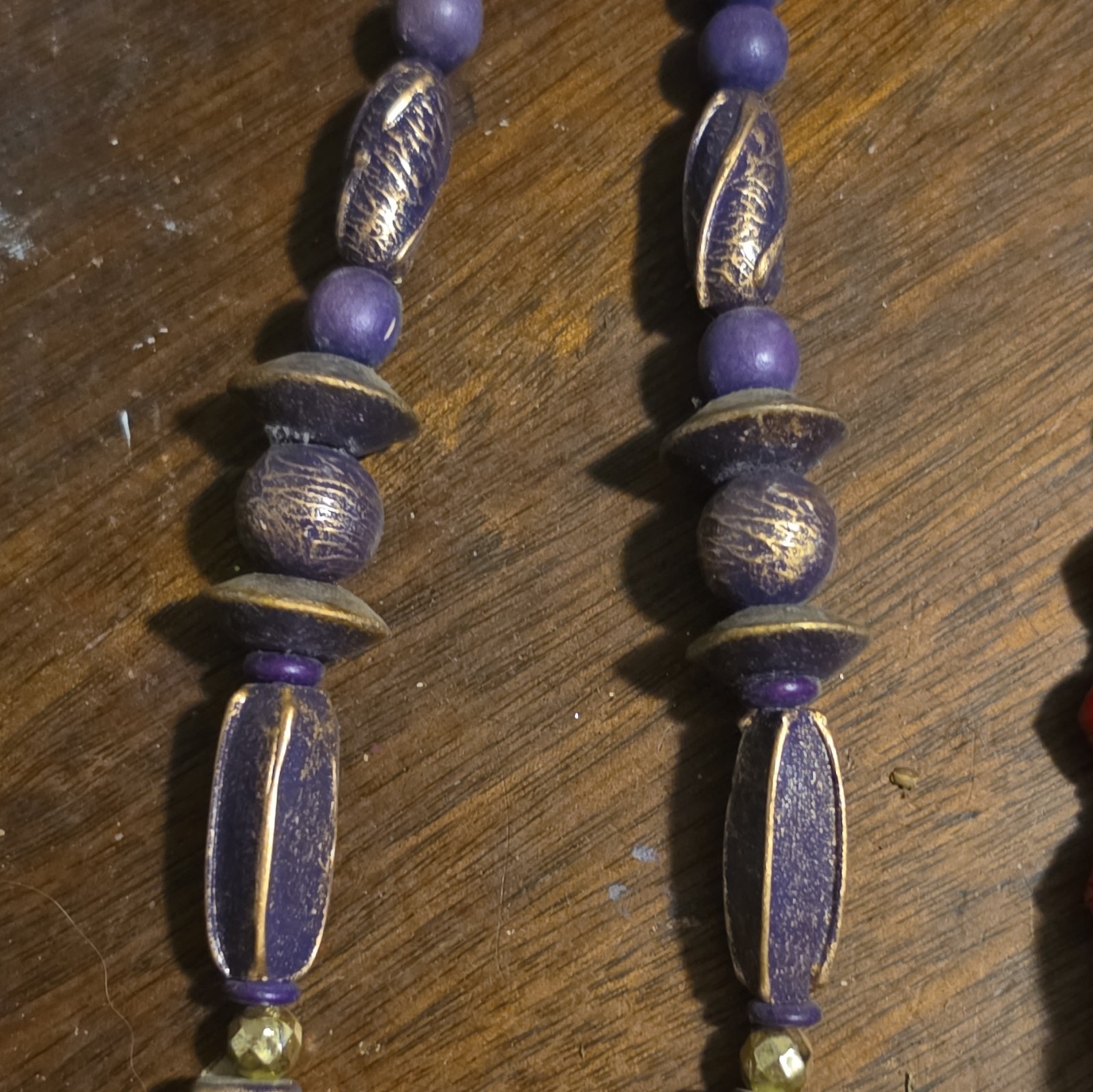 Beaded Necklace Lot of 3, Black Purple Orange, Wood & Plastic, Hook