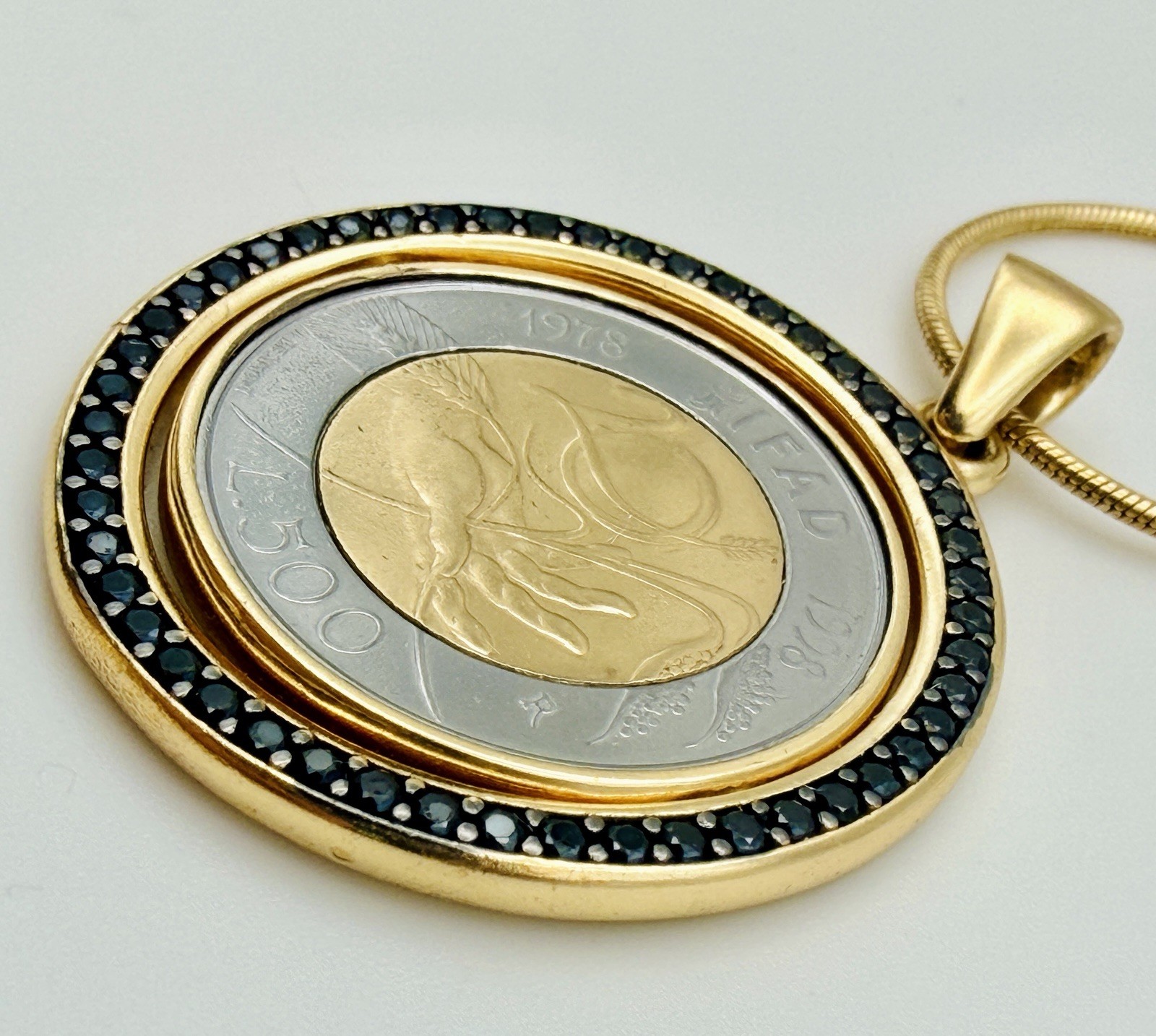 Bezzella ITAOR Necklace 23″ Faux-Saphire Lira Coin Pendant Charm Gold Tone Italy