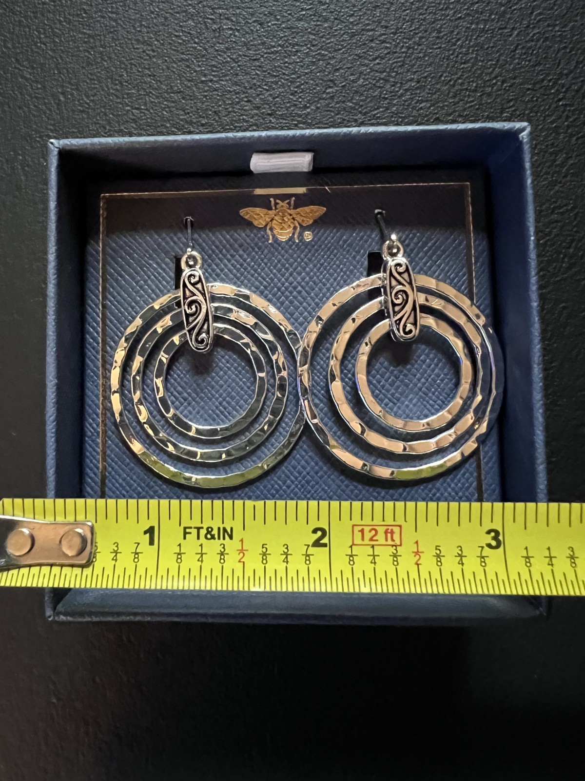Boho Silver Hammered Multi Circle Tiered Drop Earrings Gift Boxed New