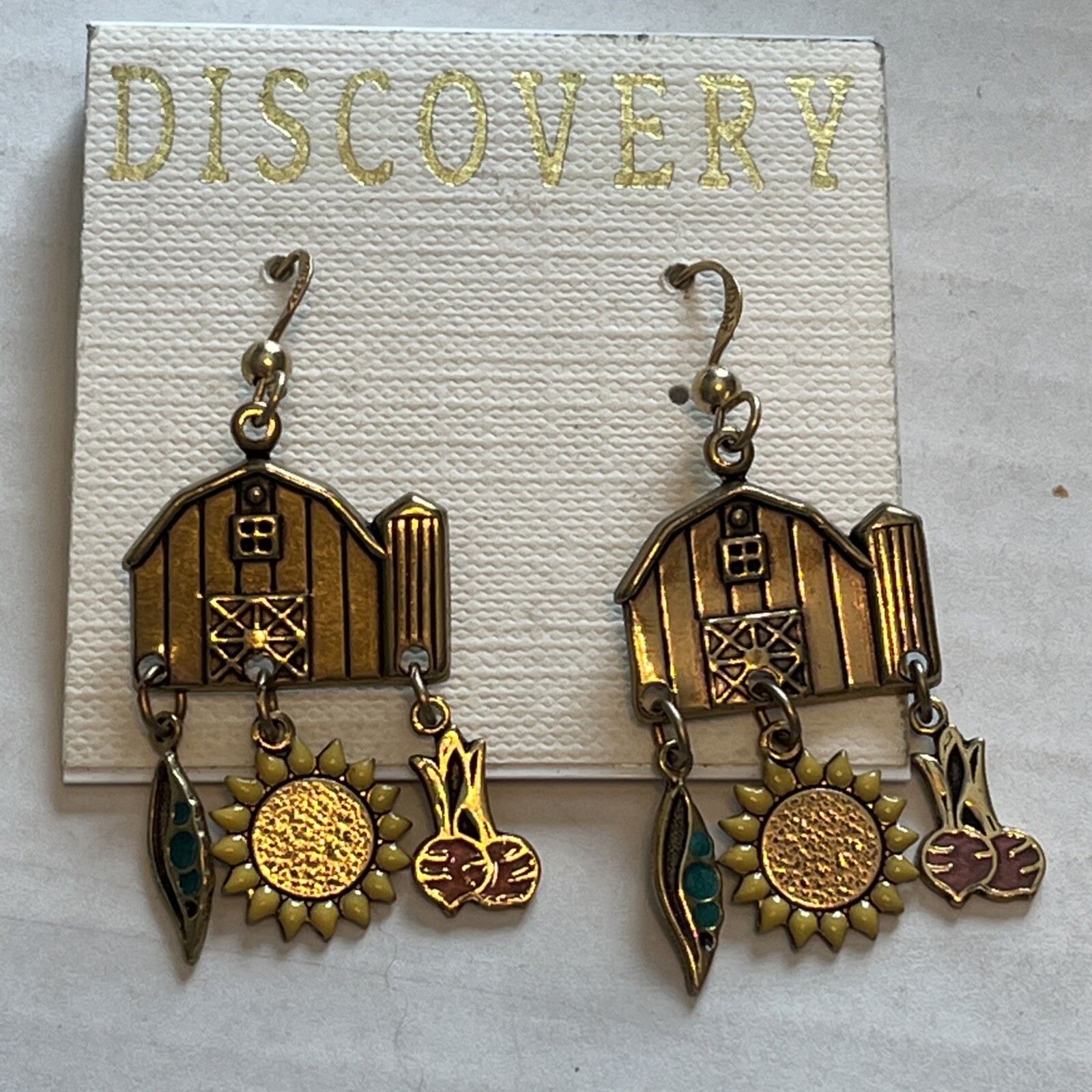 Unique 1/20 14k GF Barn Charm Earrings With Pea, Sunflower & Beet Charms 1.875”