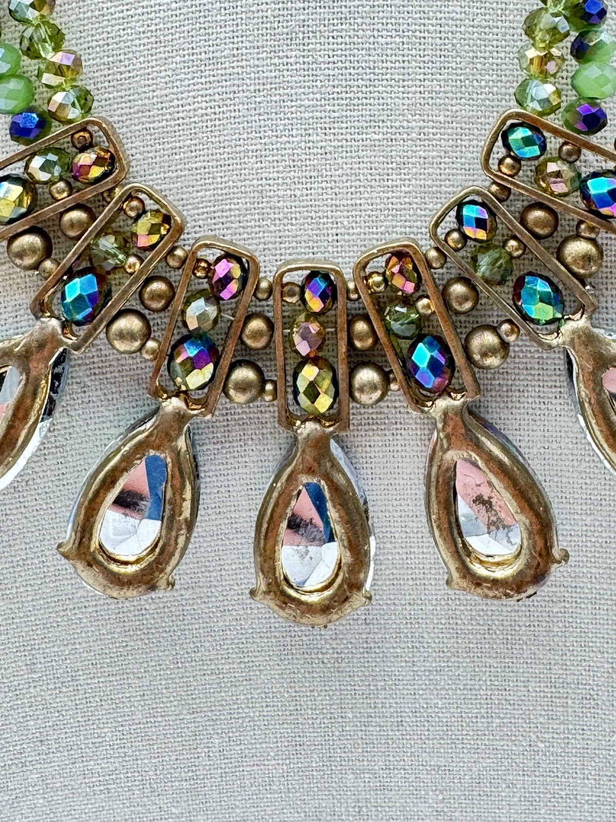 Aurora Borealis Chunky Statement Bib Necklace Beaded Teardrop 15in Rainbow