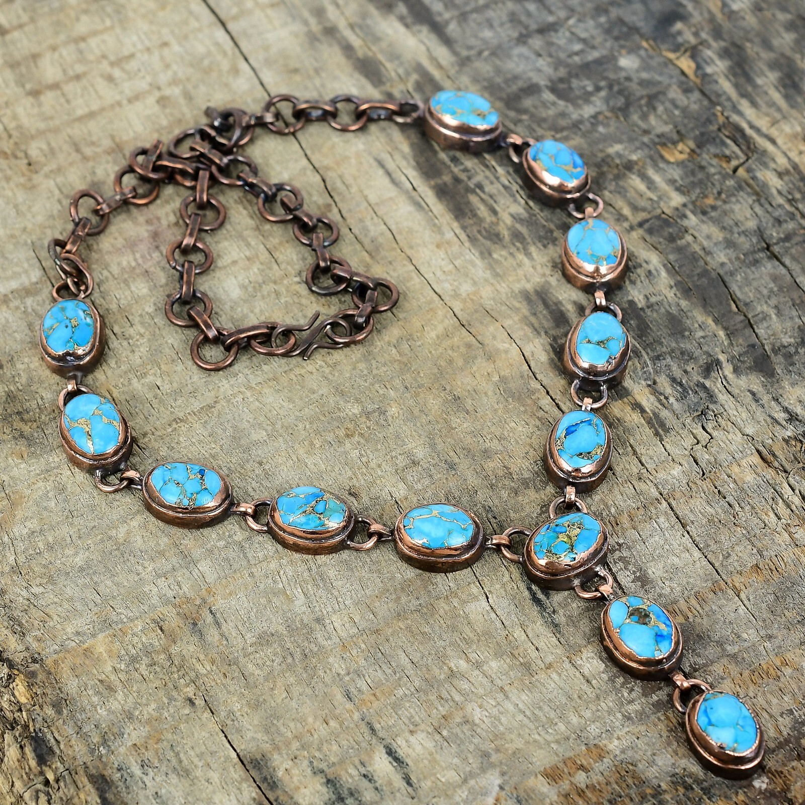 Copper Blue Turquoise Gemstone Electroformed Anniversary Chain Necklace Copper