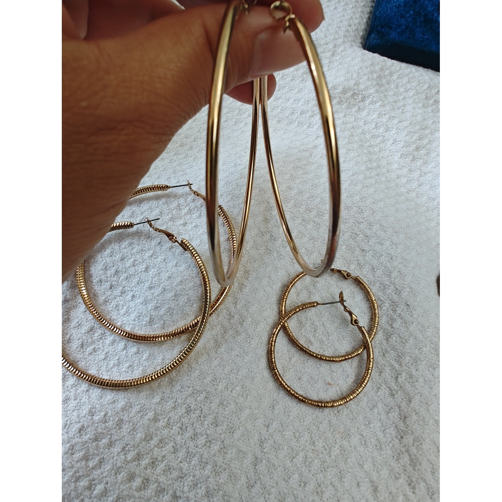 Hoop Earrings Gold Textured and Smooth and Ribbed 3 Pairs