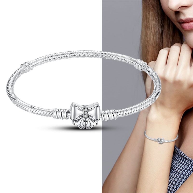 KUNSIR 925 Sterling Silver Bow Bracelet For Women Chain DIY Charm Jewelry Gifts