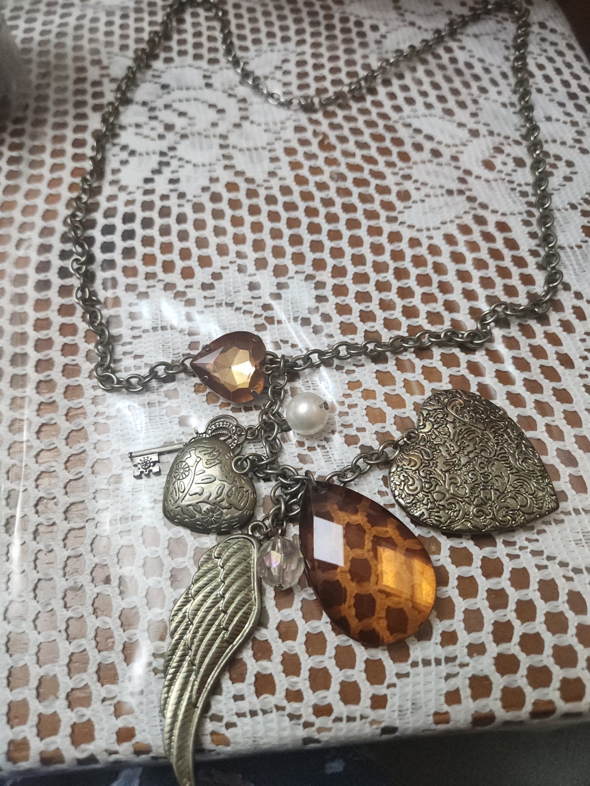 Boho Charm Statement Chain Necklace Vintage Style Hearts Beads Wing Key