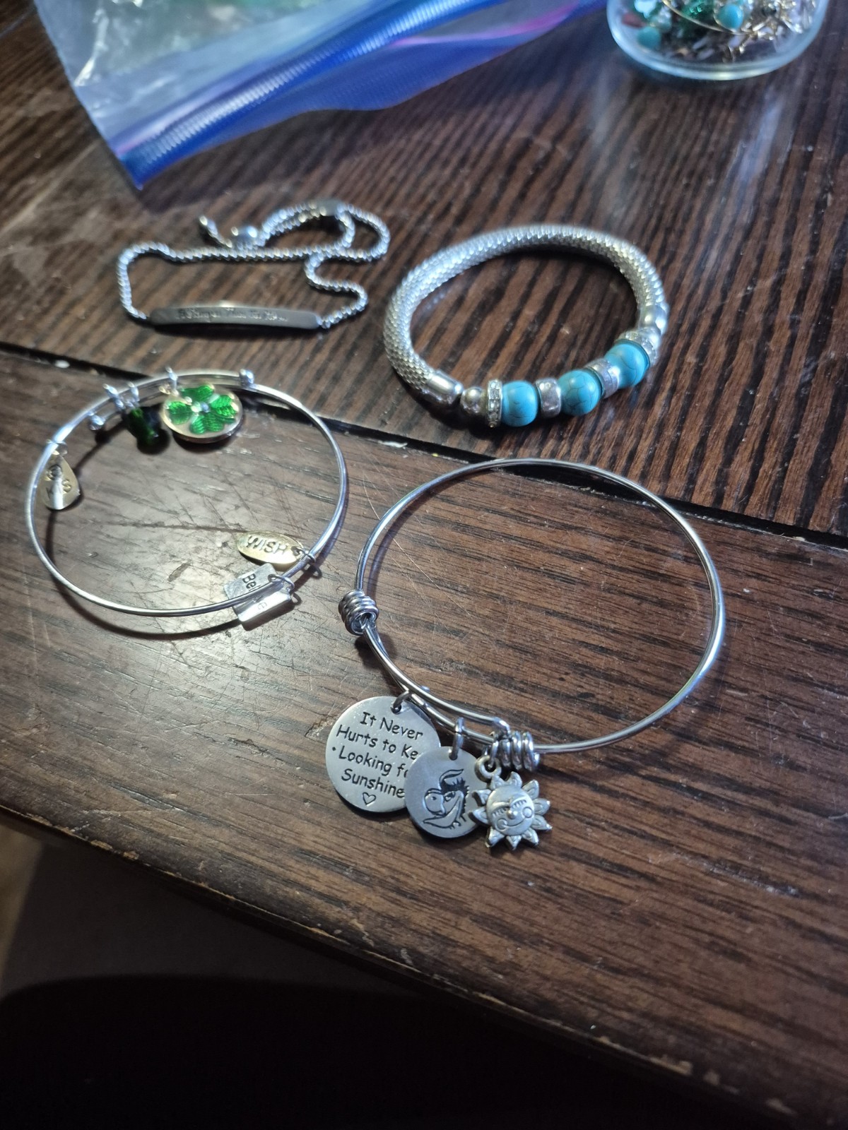 Silver Tone Beaded Charm Bracelet w/ Blue Beads & Engraved Dangle Bar
