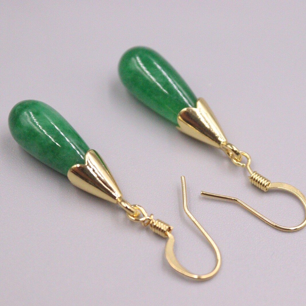 18K Jade Earrings Drop Women’s Green Raindrop Elegant Earrings
