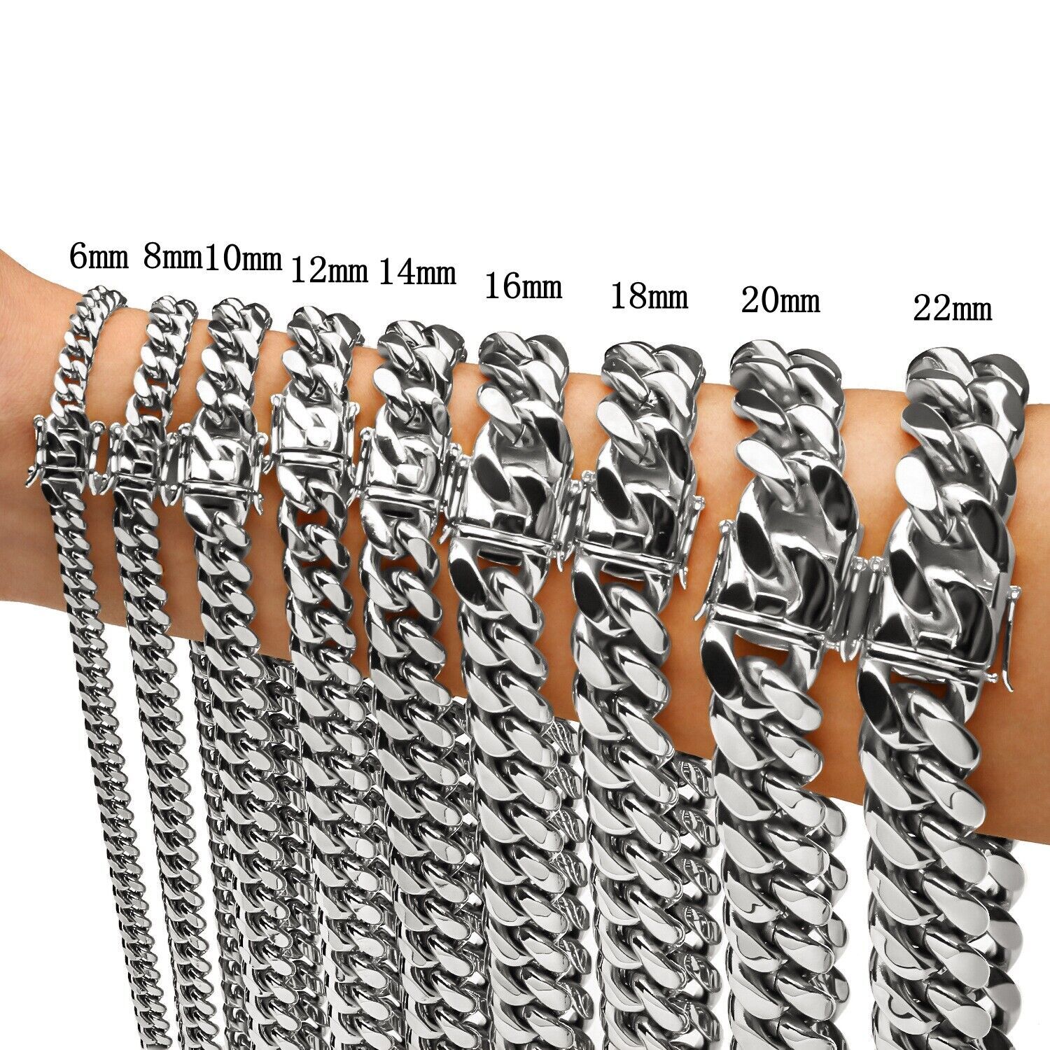 6mm-18mm Hip Hop Mens Miami Cuban Chain Silver Stainless Steel Necklace/Bracelet