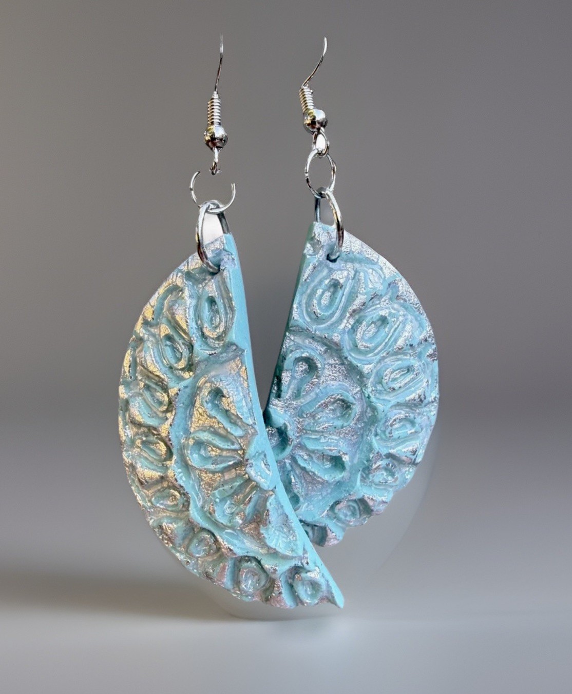 Handcrafted Blue/Silver Textured Semi-Circle Mandala Dangle Drop Hook Earrings