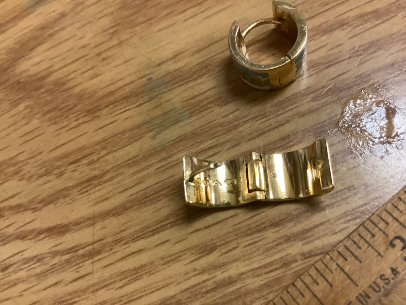 Coach Signature Huggie Gold Earrings Green Blue White Enameled