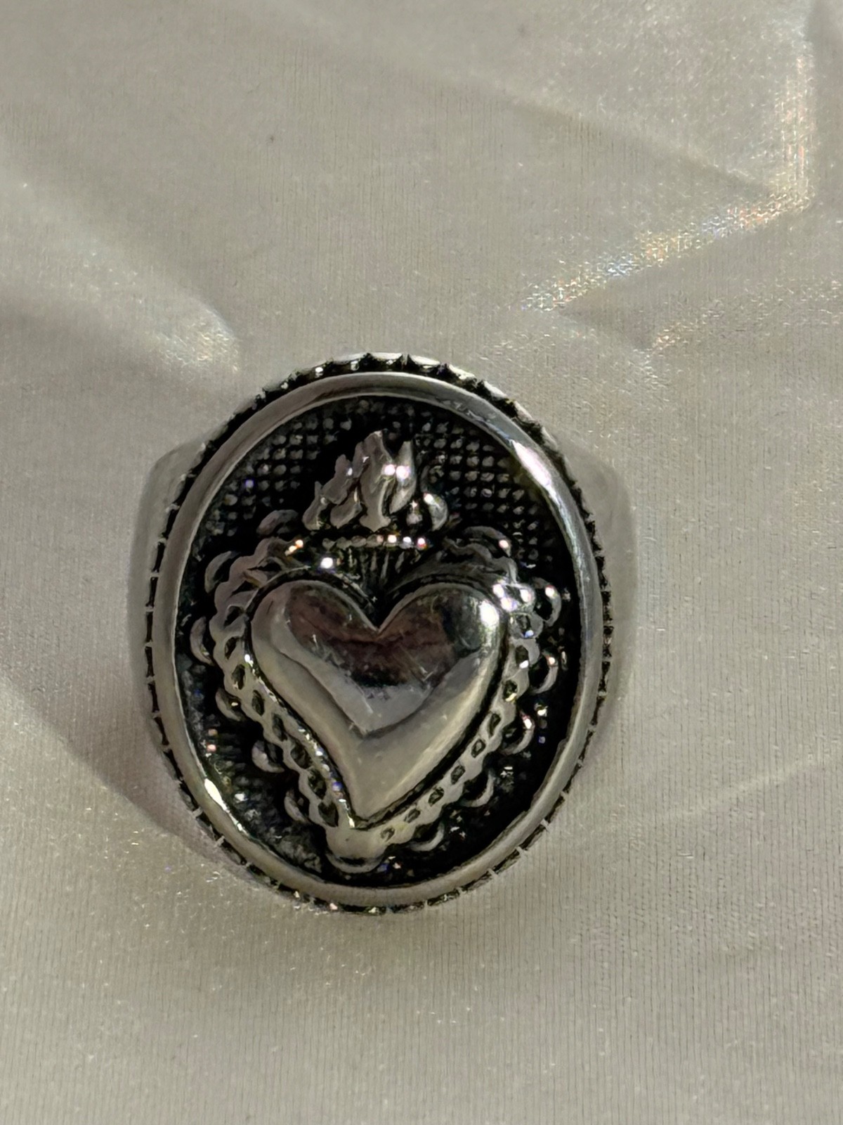 Stainless Steel Sacred Heart Ring – Gothic Mexican Style – Antique Silver Finish