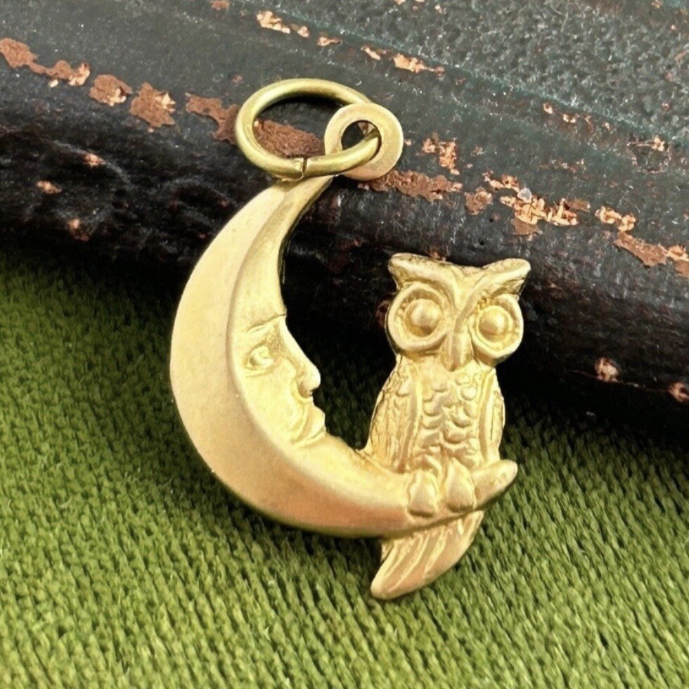 Owl Charm Crescent Moon Pendant Brass Metal Stamping Celestial Jewelry