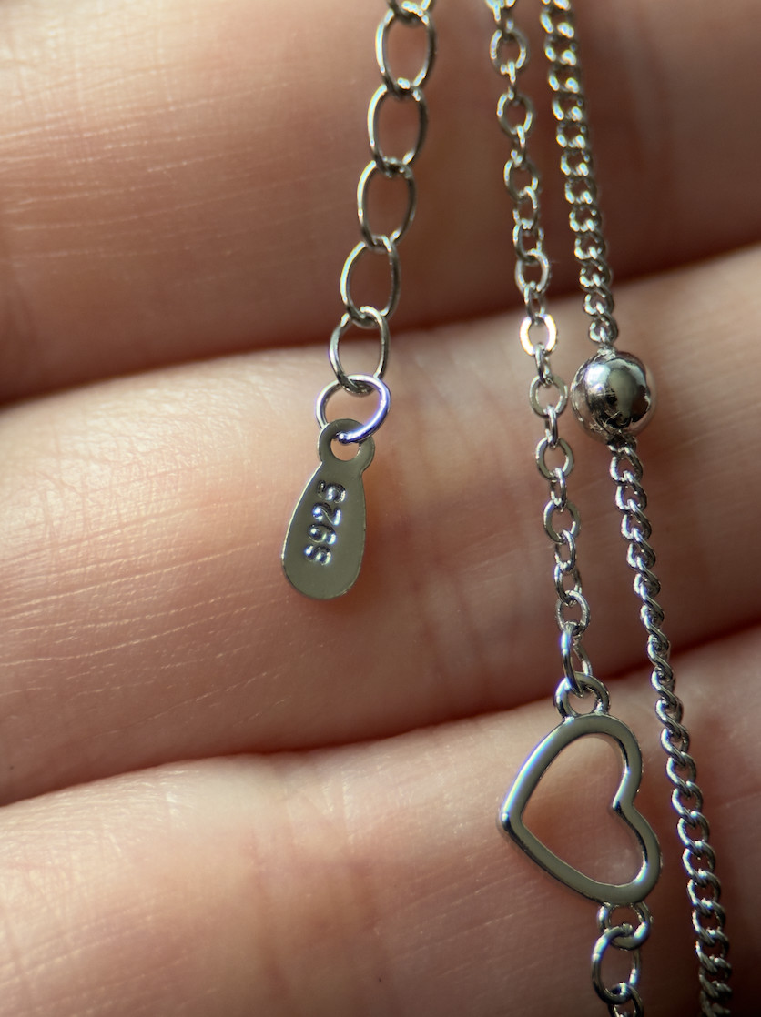 925 Sterling Silver Double Chain Heart Charm Bracelet, Adjustable 6-8″