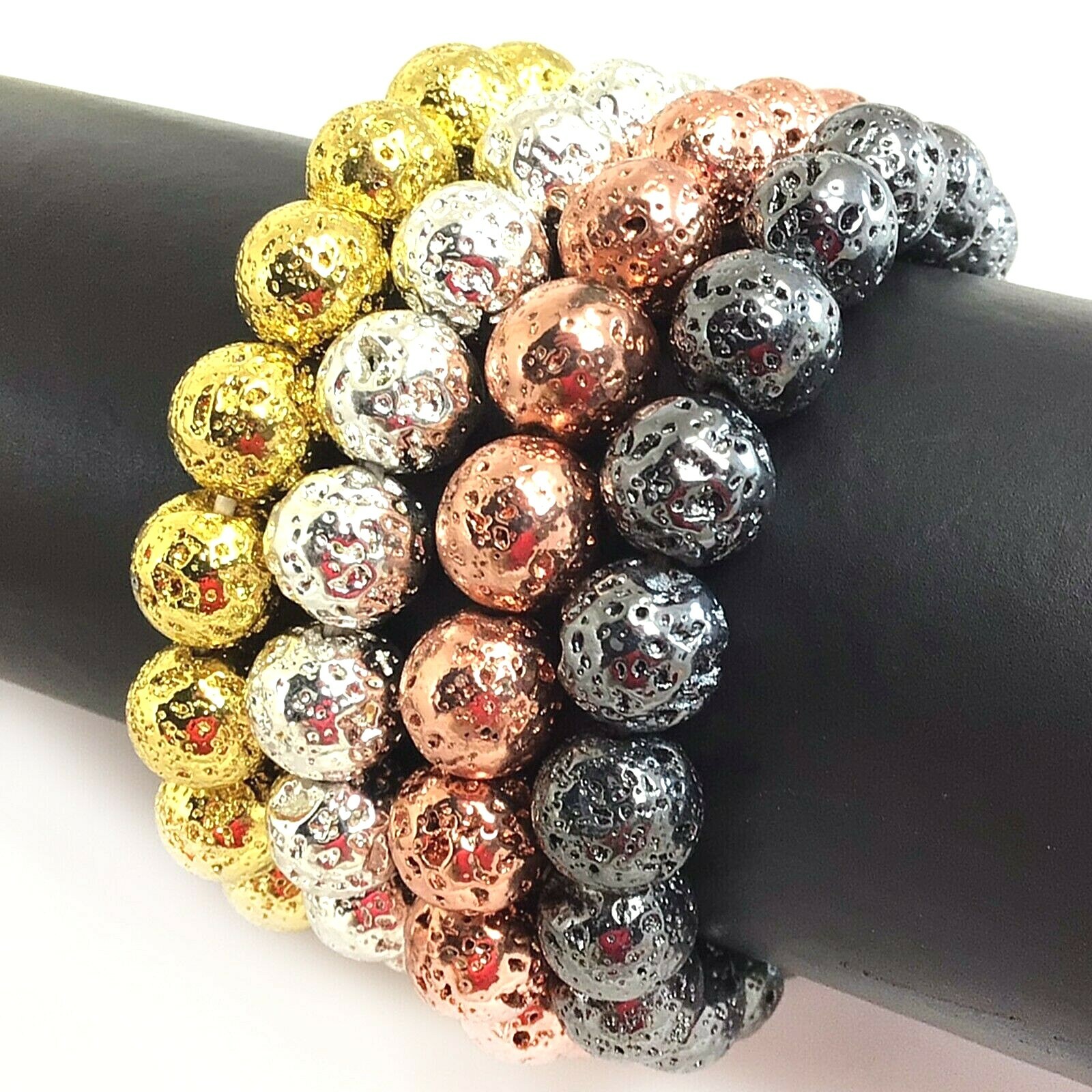 Handmade Gemstone Metallic Lava Men Bracelet Stretch Balance 7.5″ Beaded Chakra