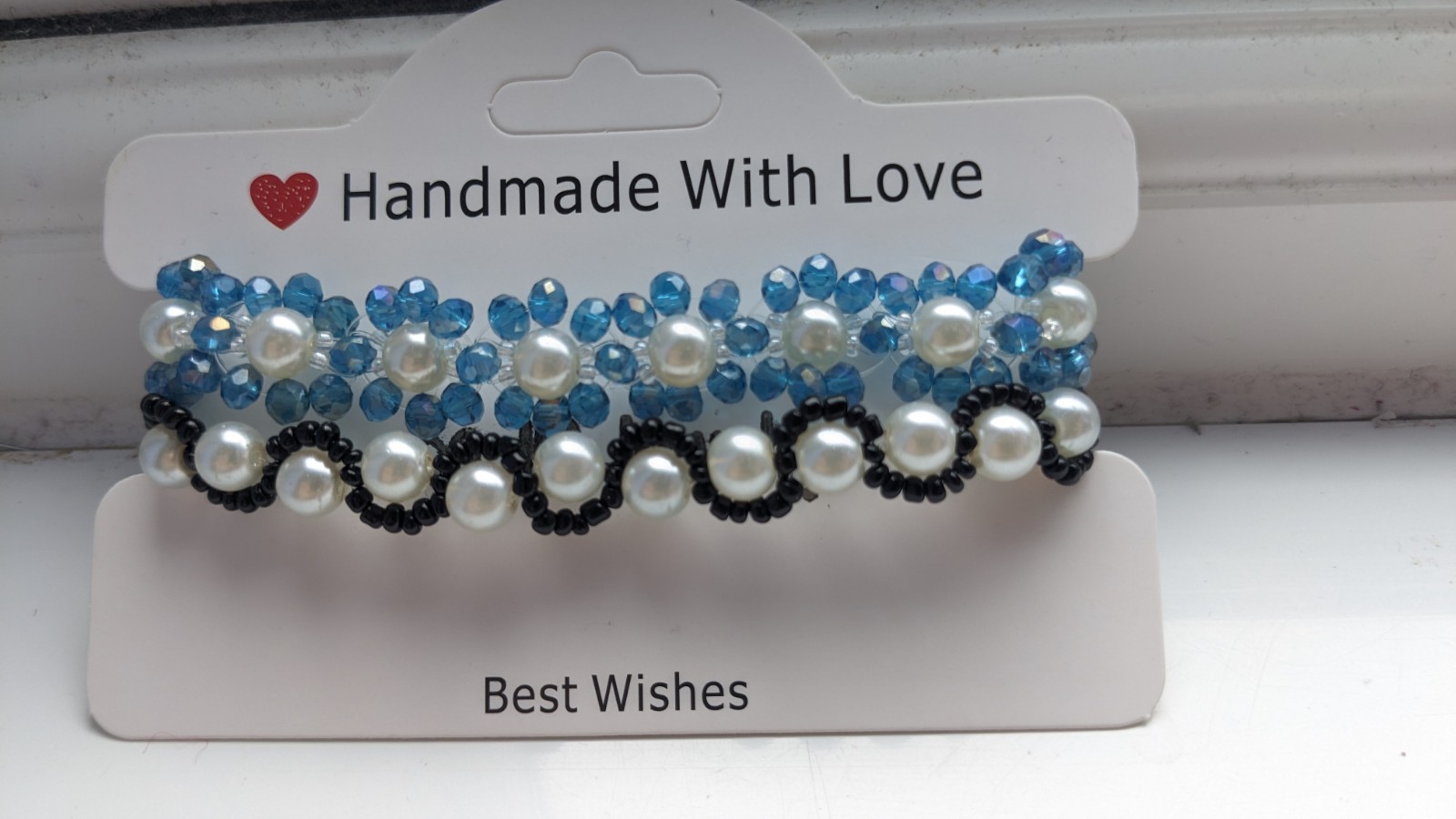 Blue Crystal And Black Seed Bead With Pearl Beaded Bracelet For Women And Girls