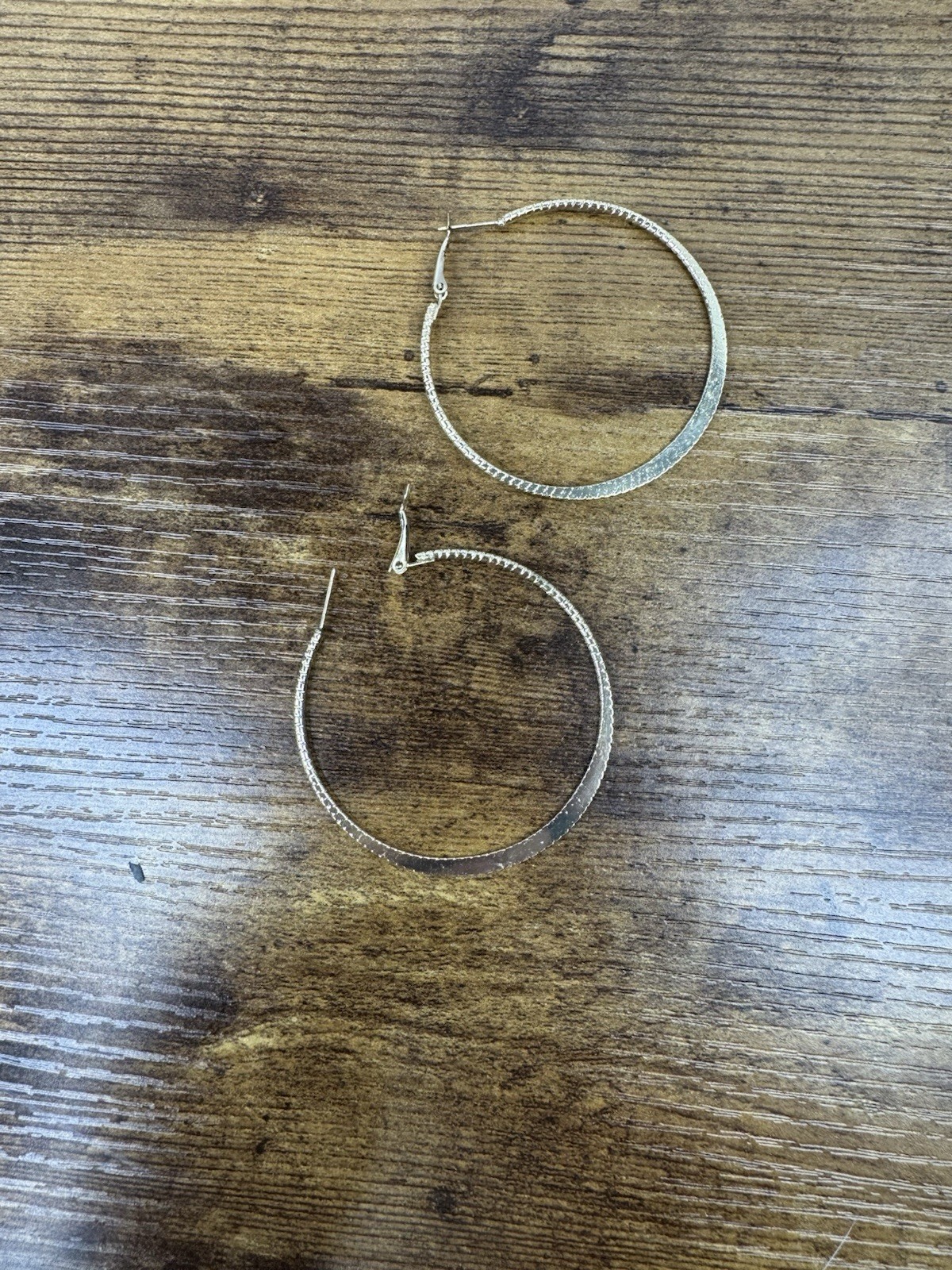 Large Gold Tone Textured Flat Hoop Earrings Latch Back Pierced Statement