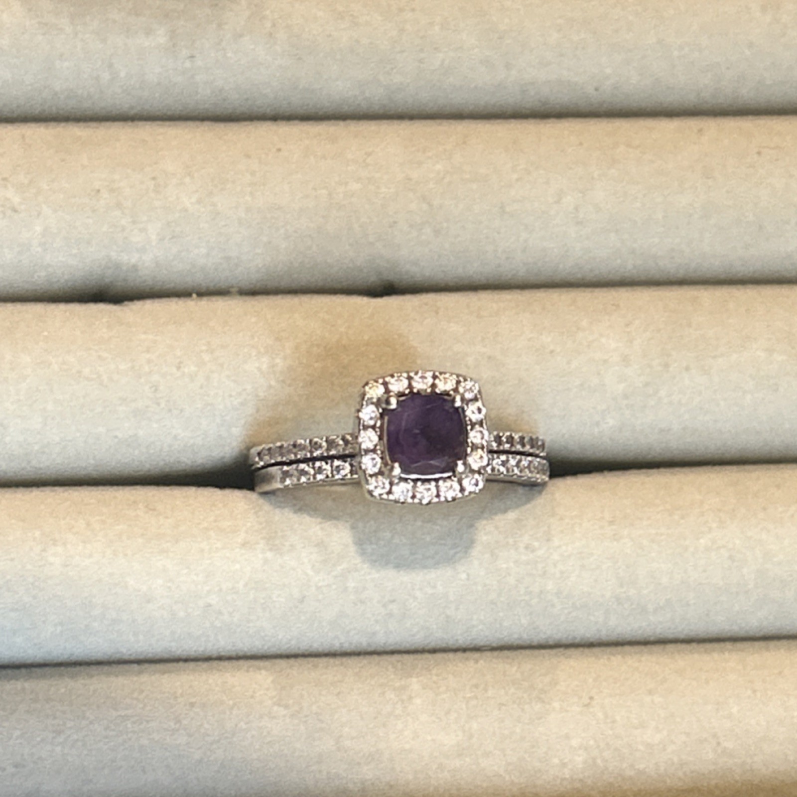 Gem Stone King 925 Silver Amethyst Moissanite Ring & Band Bridal Set Size 9