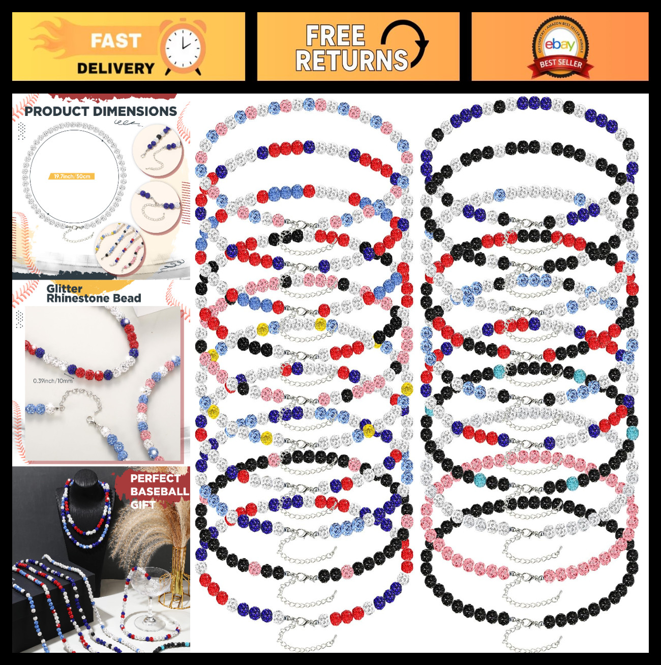 20 Pcs Bling Beaded Baseball Necklace Set – Unisex Rhinestone Jewelry for Player