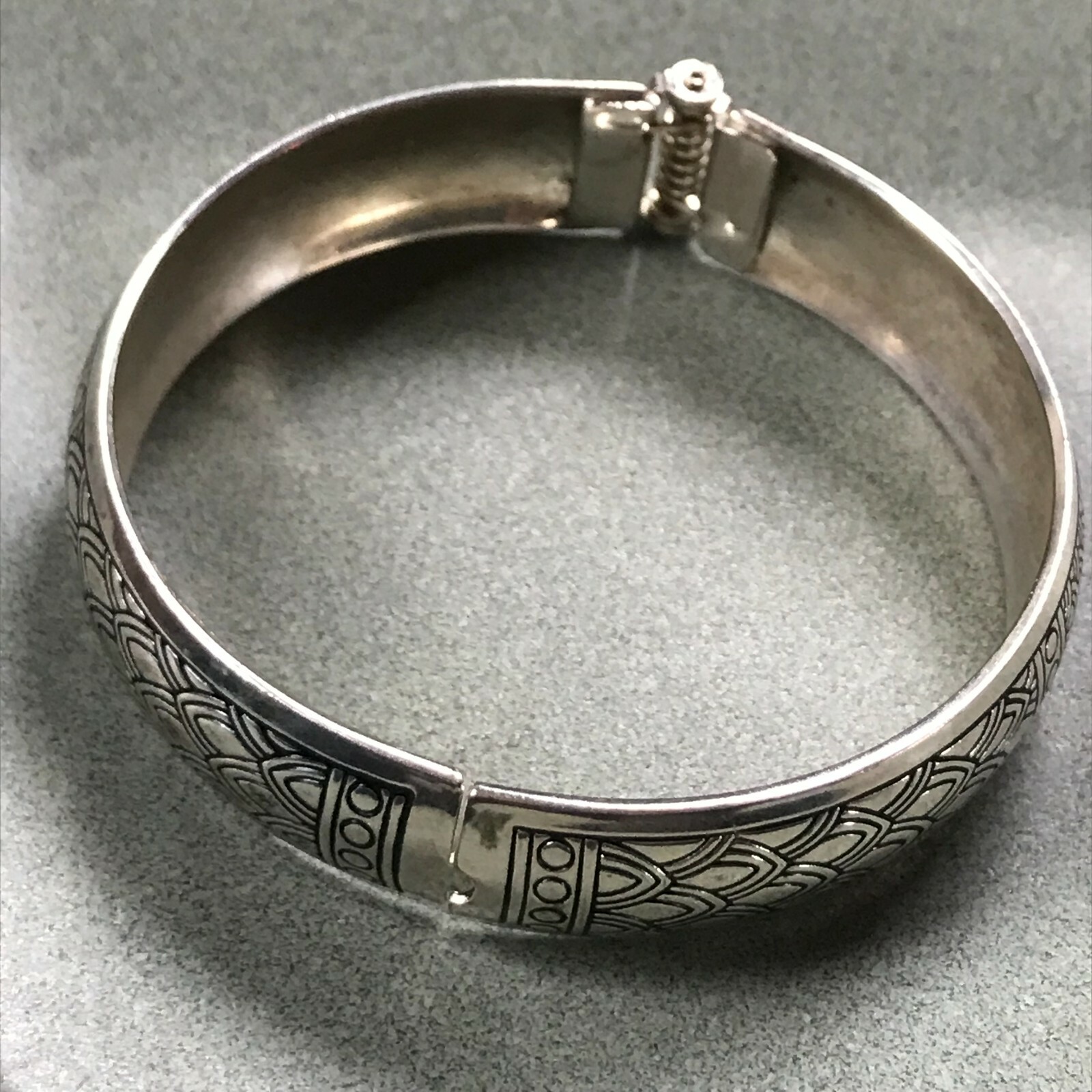 Estate Etched w Black Silvertone Hinged Bracelet – 2 and 3/8th’s inches in diame