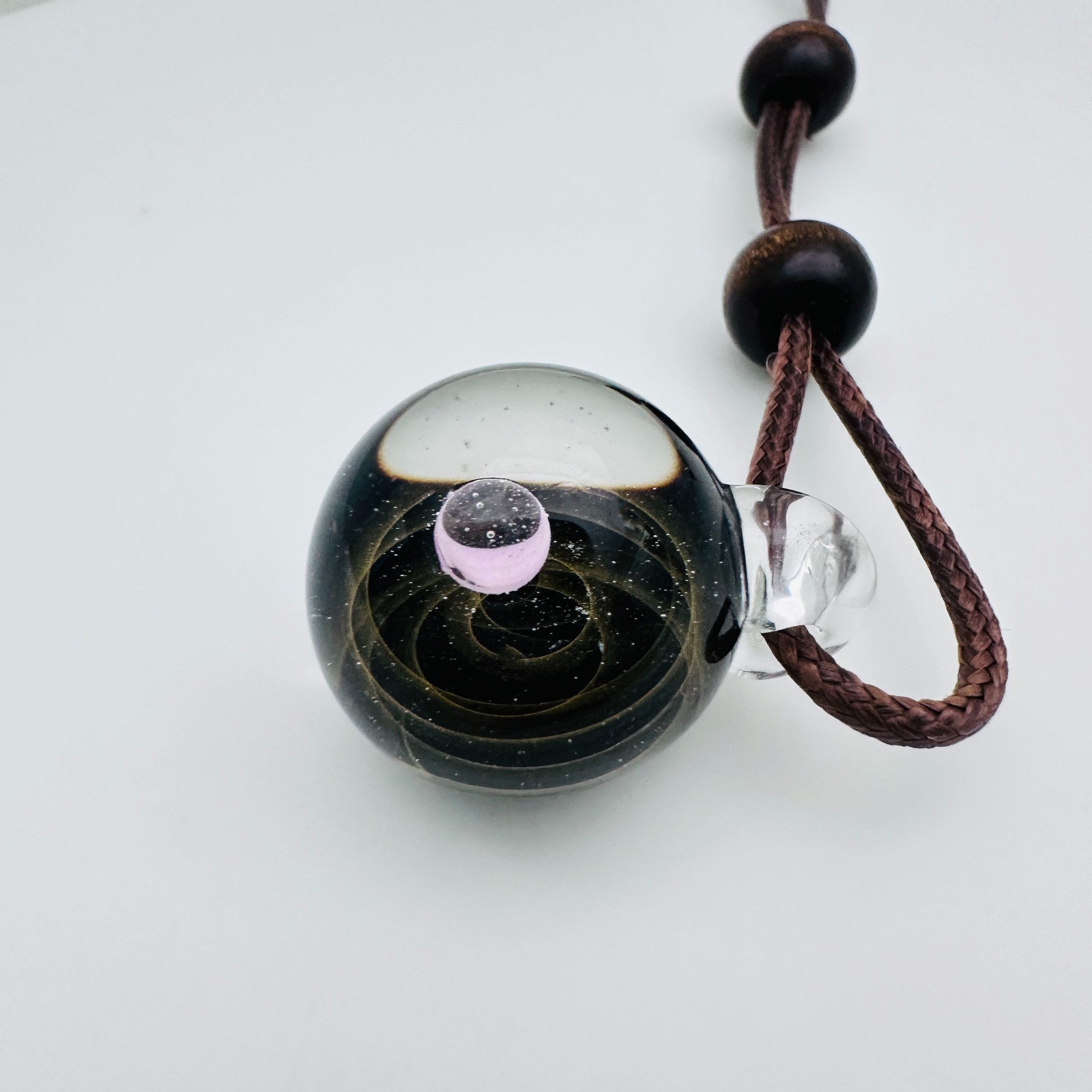 Galaxy Cosmic Sphere Glass Lampwork Pendant w/Long Brown Cord Necklace