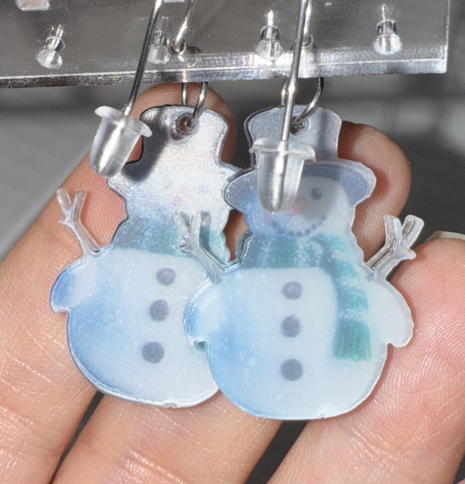 Pair Of Blue Snowman Acrylic Earrings 2D Flat Dangling Earrings 1 1/8 In Long